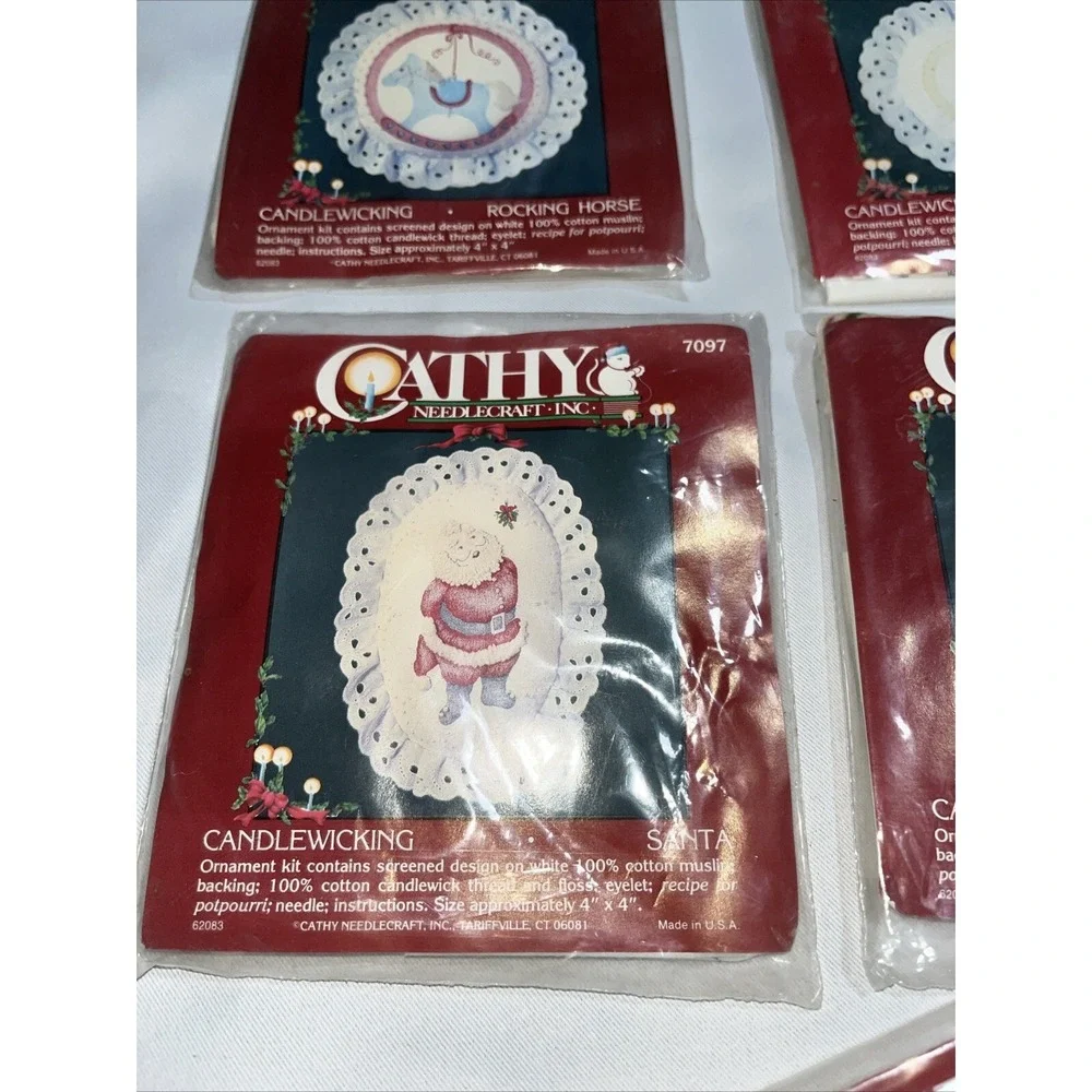 Lot Of 5 Cathy Needlecraft Candlewicking Ornament Kits , Santa ,‎ Tree , Candle